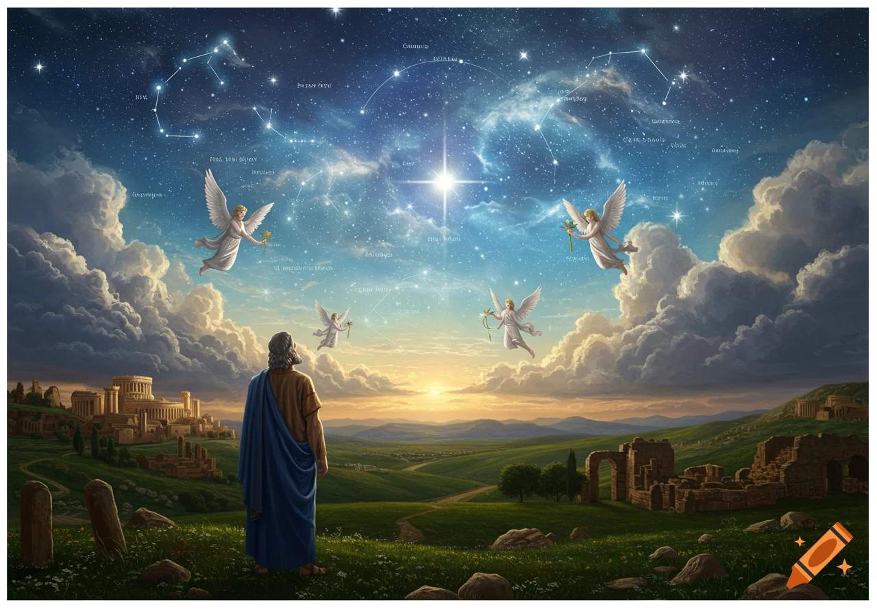 A man in ancient robes stands in a grassy field, looking up at a starry sky with bright constellations and four angels flying amidst clouds, with ancient ruins in the background at sunset.