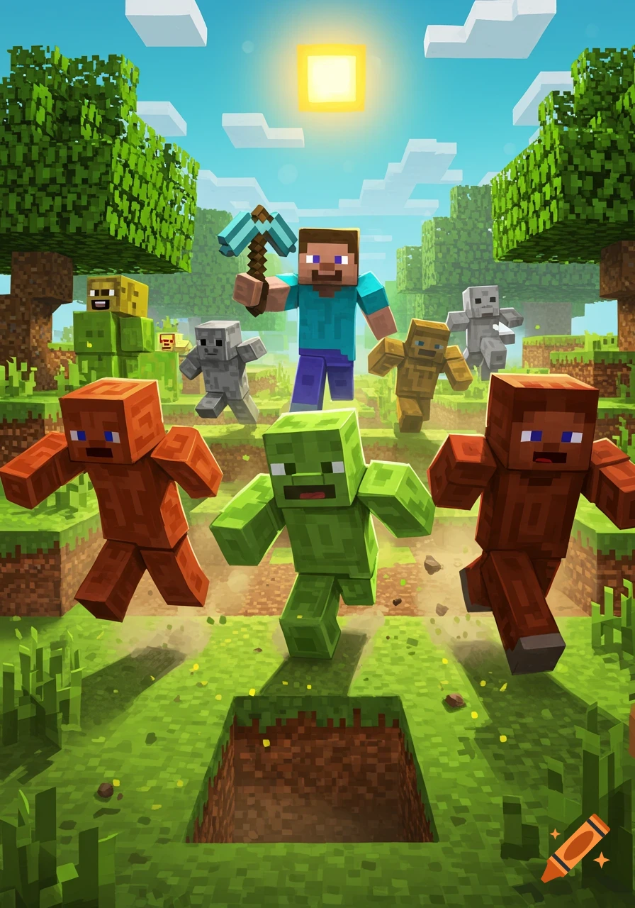 Steve holds a pickaxe as green, brown, and gray blocky creatures run across a sunny Minecraft landscape with trees and grass.