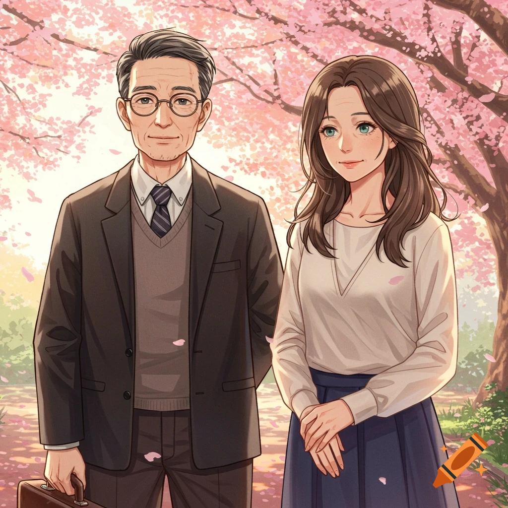 Anime illustration of an older man with a briefcase and a younger woman standing together under cherry blossom trees.