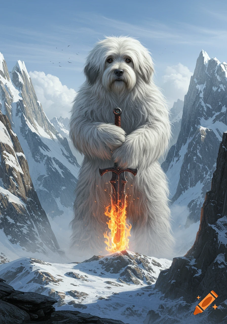 A giant fluffy white dog stands in snowy mountains, holding a flaming sword. Photorealistic fantasy art.