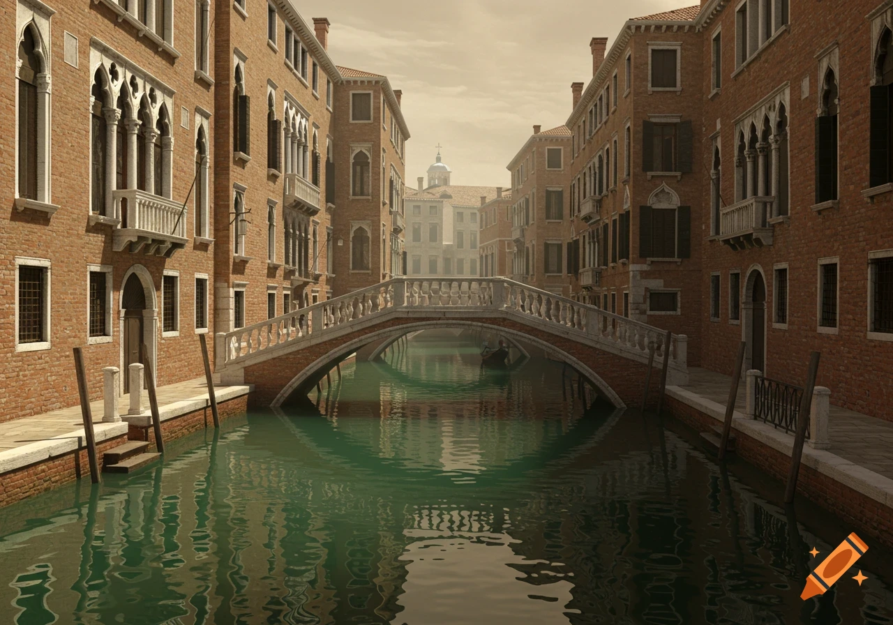 A photorealistic view of a tranquil canal in Venice, flanked by historic brick buildings and spanned by an ornate stone bridge.