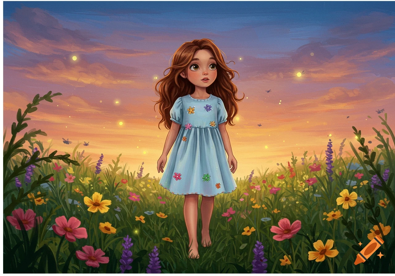 A young girl with long brown hair stands barefoot in a field of colorful flowers under a magical sunset sky with fireflies. Illustrated style.