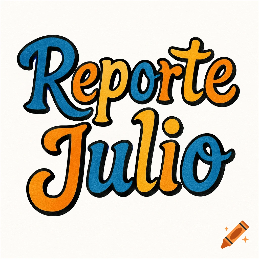 Cartoon-style text "Reporte Julio" in blue and orange with a black outline on a white background.