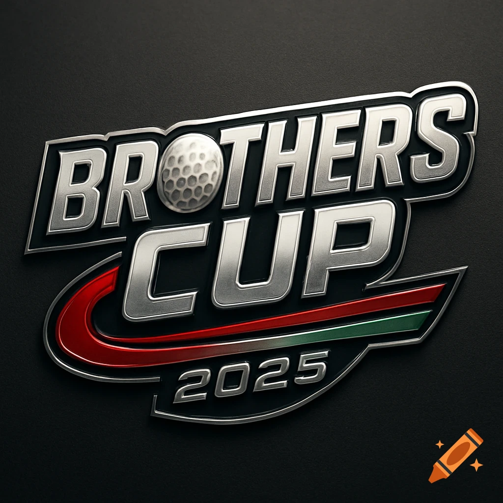 A metallic 3D logo for 'BROTHERS CUP 2025' with a golf ball as the 'O', featuring red and green stripes on a dark background.