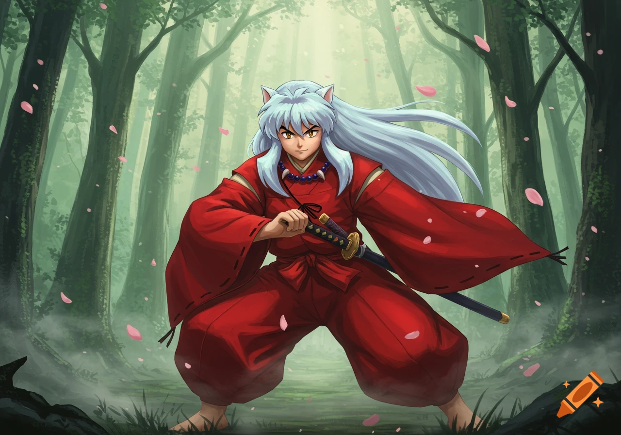 Anime-style illustration of Inuyasha standing in a misty forest with pink petals falling, holding his sword.