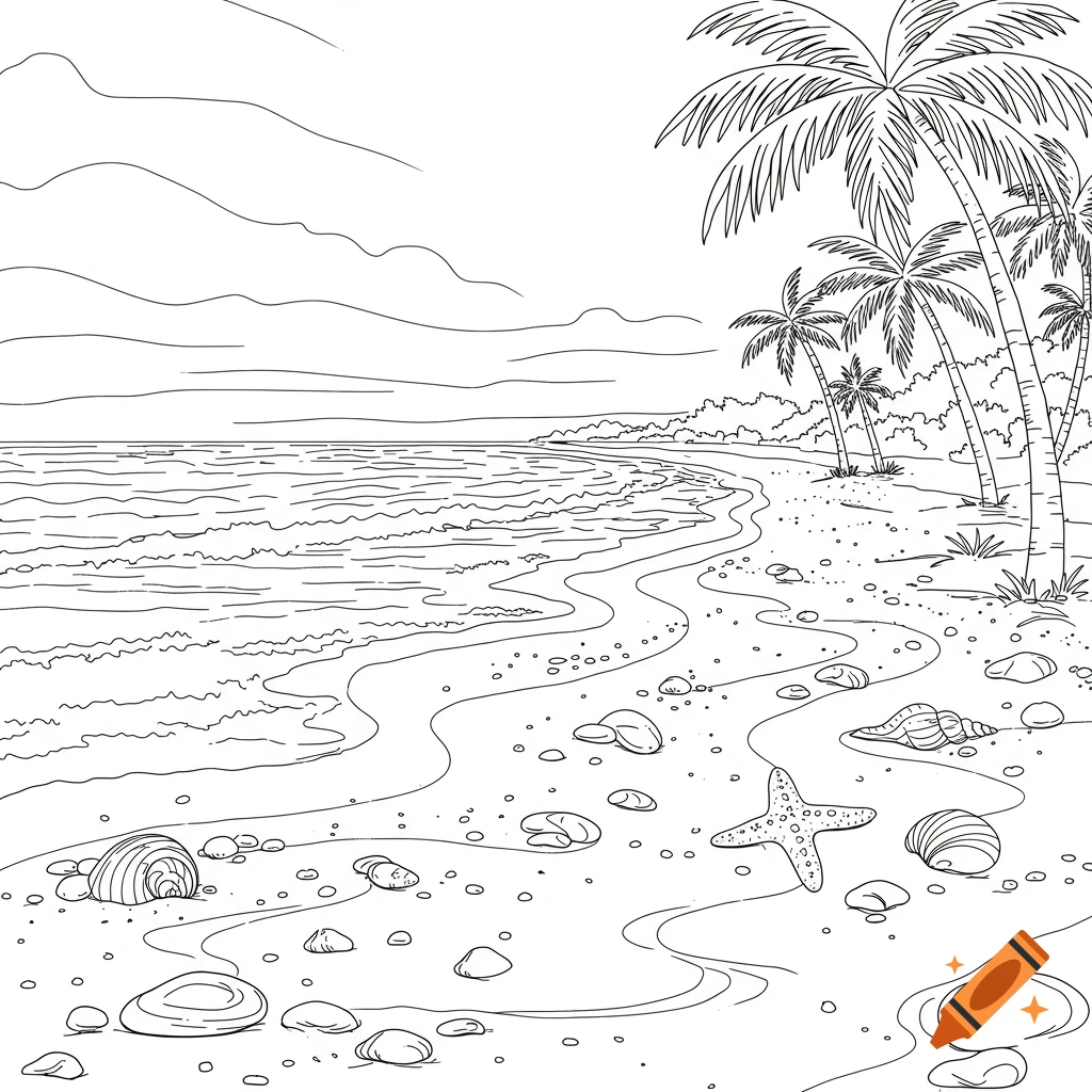 Black and white line drawing of a beach with palm trees, waves, seashells, and a starfish on the sand.