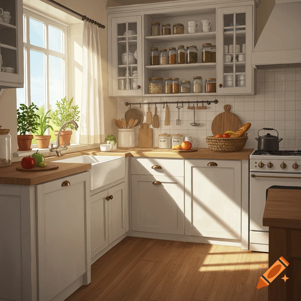 A bright country kitchen with white cabinets, wood countertops, a farmhouse sink, open shelving, and potted plants.