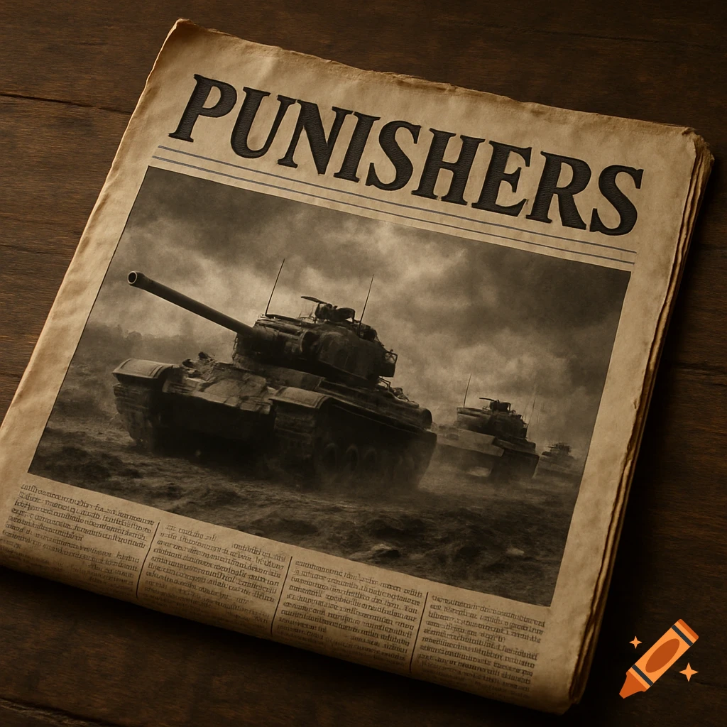 An old newspaper with the headline "PUNISHERS" above a black and white photo of multiple military tanks, rendered in a sepia tone.