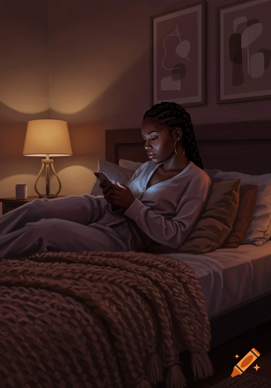 A young Black woman lies in bed, illuminated by the glow of her phone, wearing pajamas in a cozy bedroom.