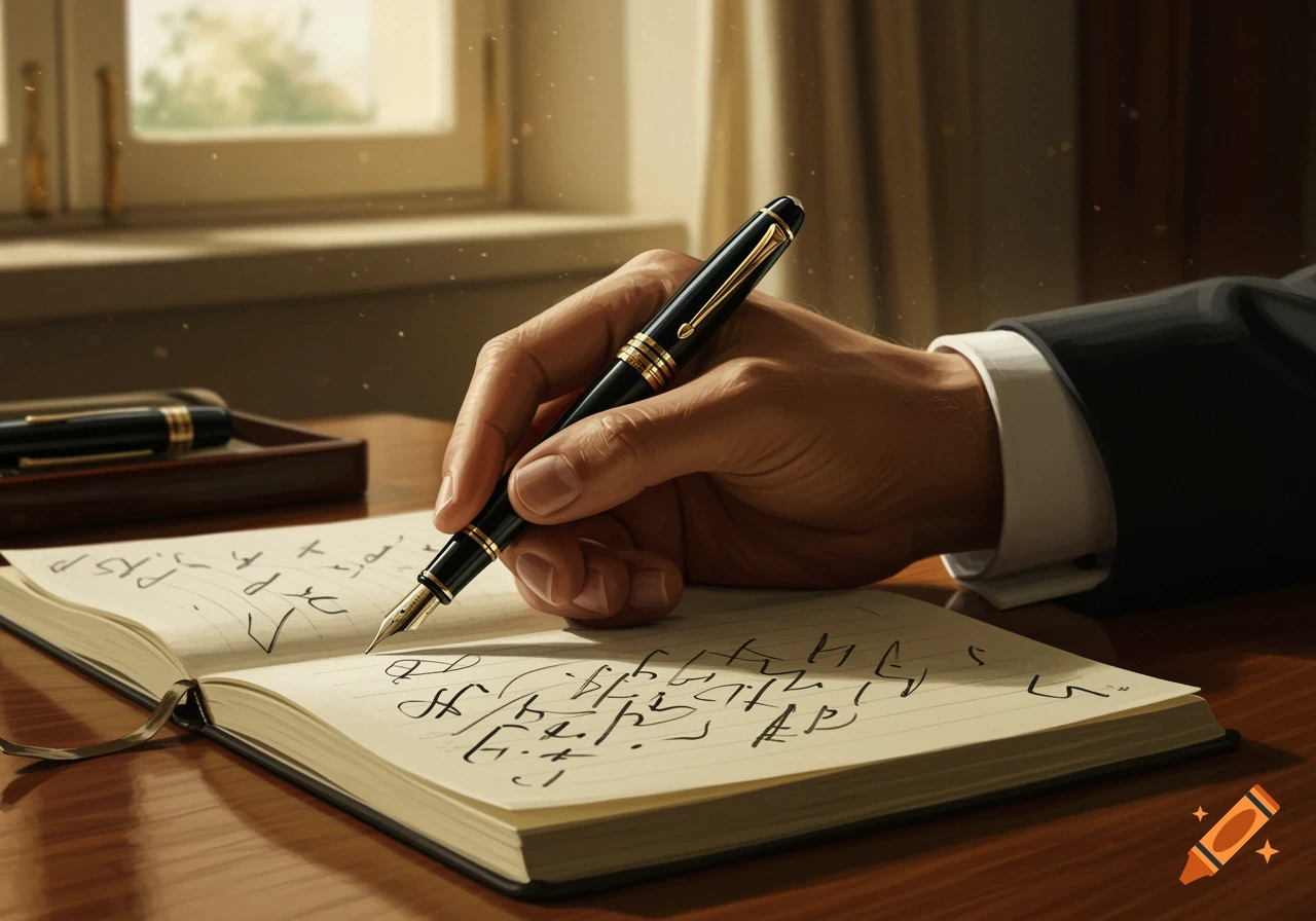 A man's hand writes in a notebook with a black and gold fountain pen on a wooden desk by a window.