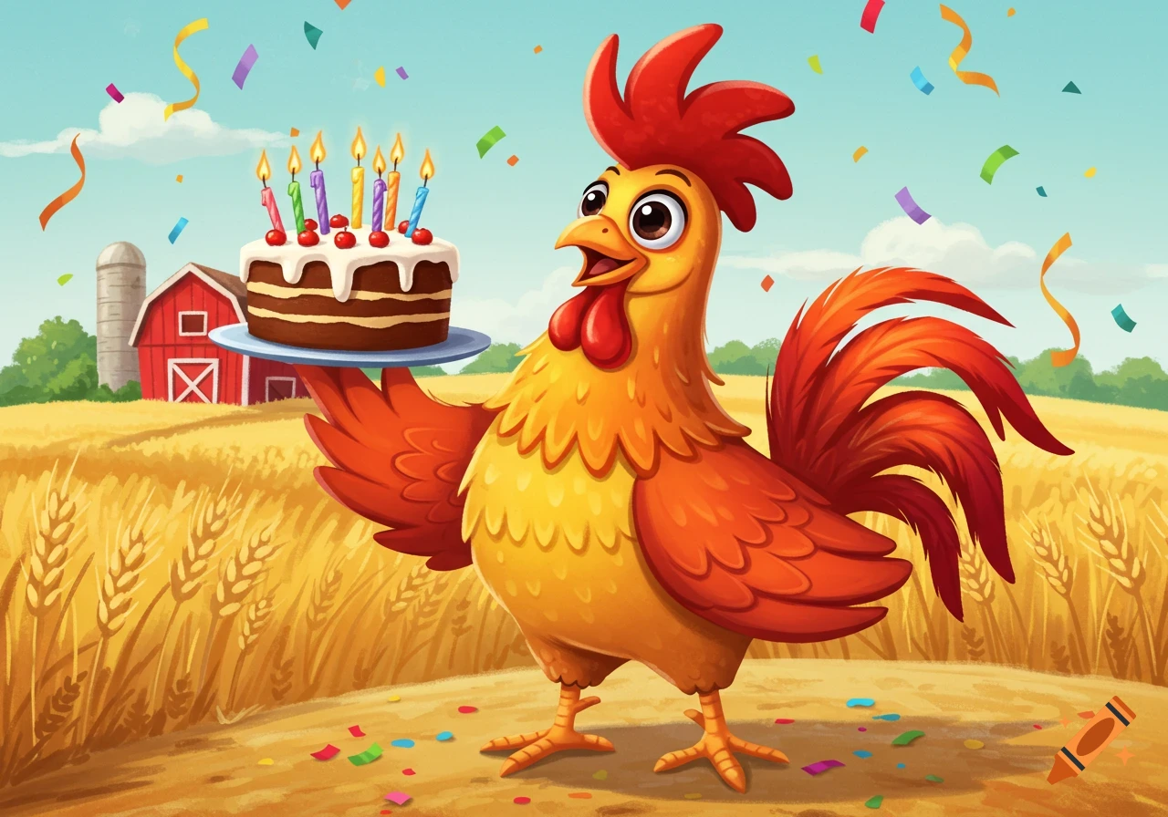 A cheerful cartoon rooster holds a birthday cake with lit candles in a golden wheat field, with a red barn in the background.