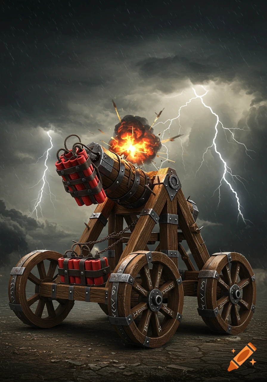 A wooden catapult with bundles of dynamite at the front, firing with an explosion under a stormy, lightning-filled sky.