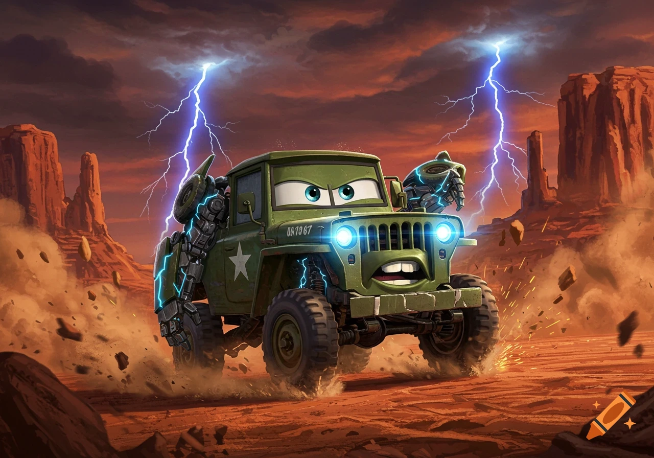 Sarge the military jeep from Cars, transformed into a robot, drives through a lightning-filled desert.