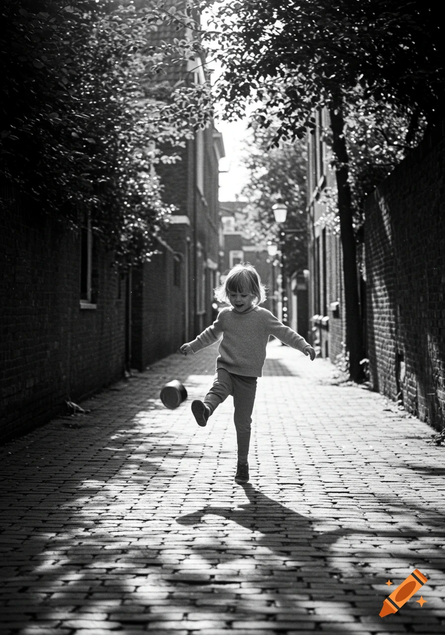 A child kicks a can down a sunny, cobblestone street in a black and white photograph.