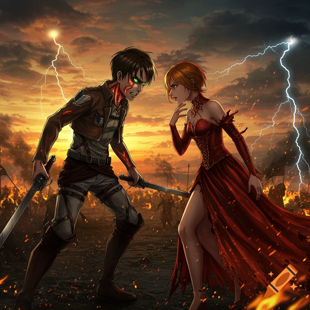 Anime-style characters, male with swords and glowing eyes, female in red dress, confront each other on a fiery battlefield with lightning.