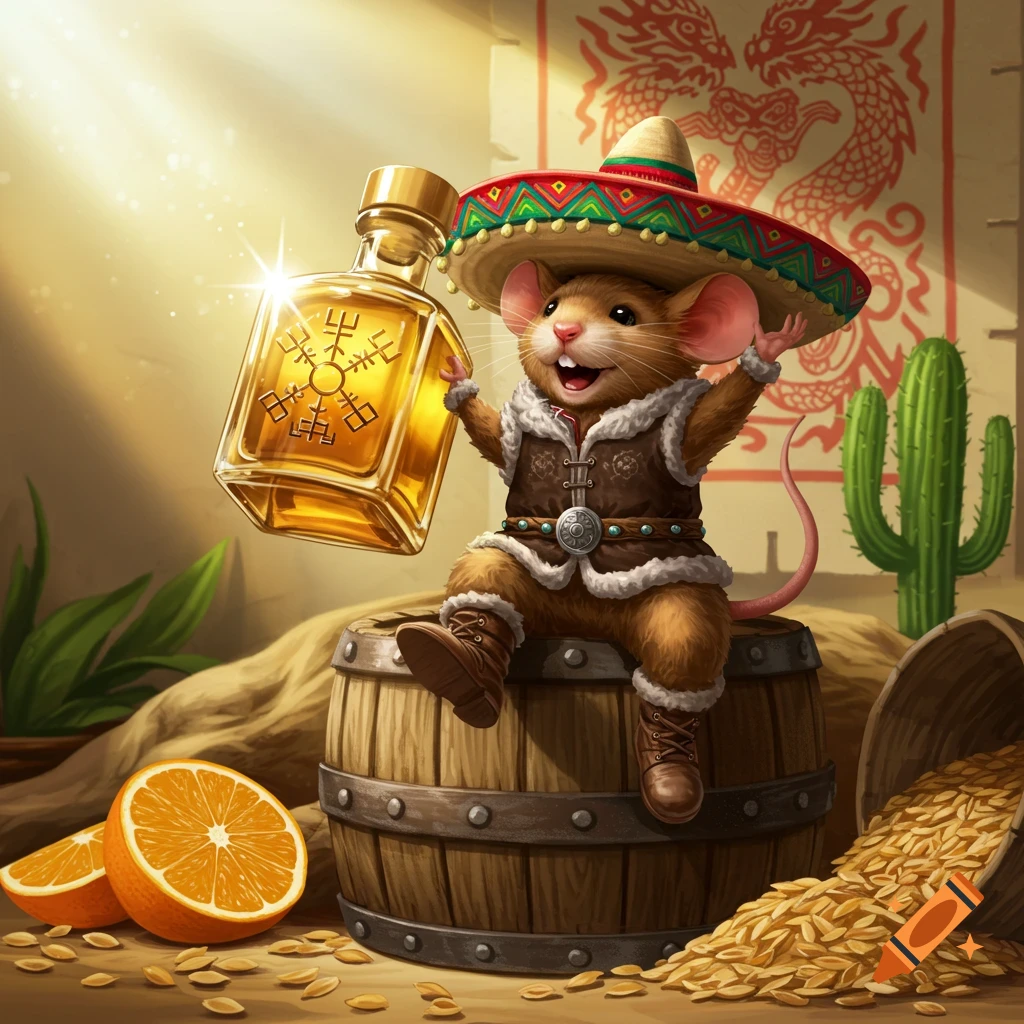 A cheerful anthropomorphic mouse wearing a sombrero, holding a glowing golden bottle, sitting on a wooden barrel. Oranges and grains are scattered around, with a cactus and a dragon mural in the background.