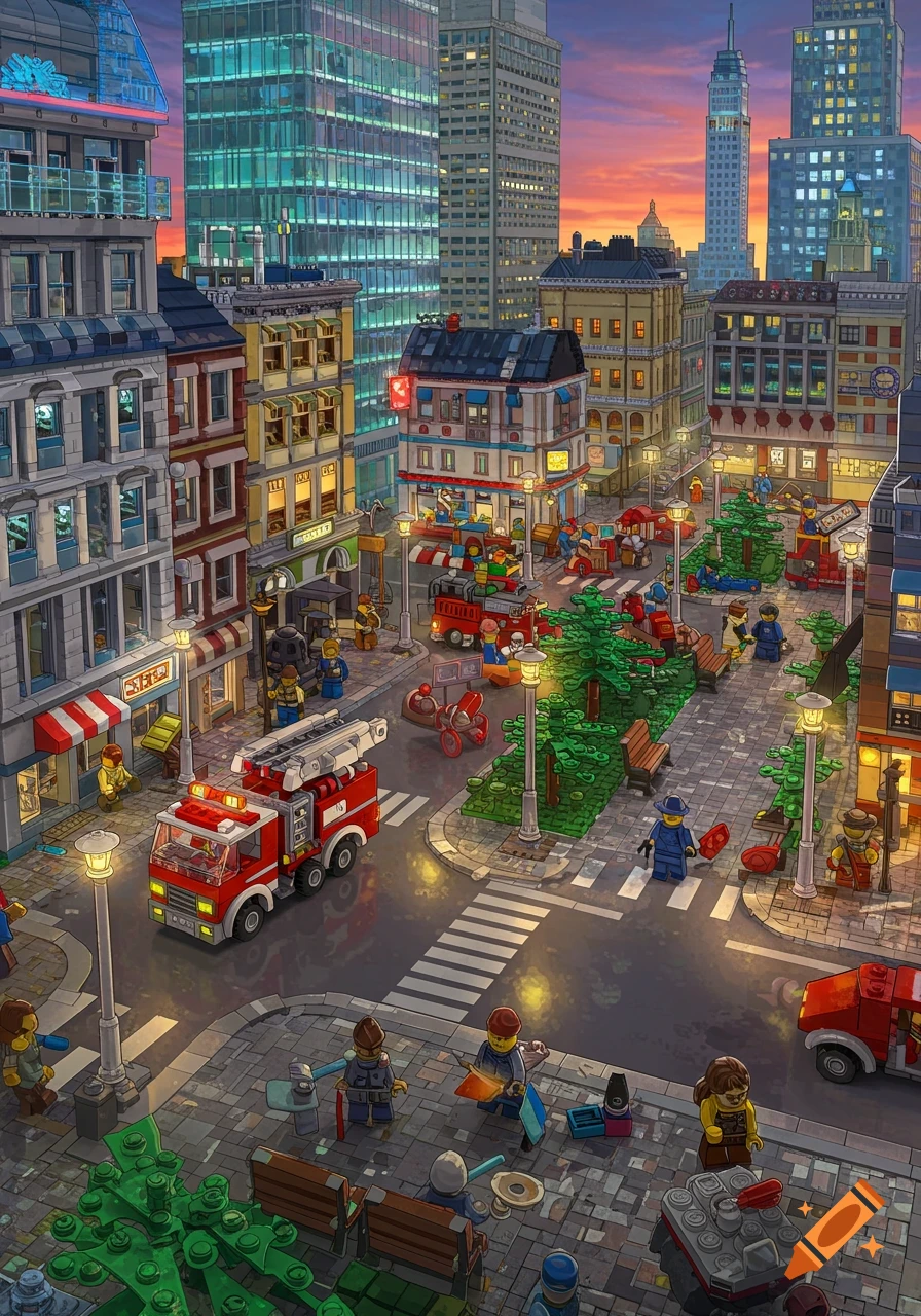 A detailed Lego city street at dusk, with buildings, vehicles including a fire truck, and numerous Lego minifigures.