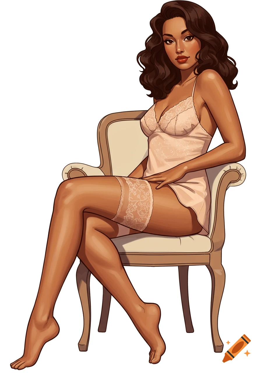 A vintage-inspired pin-up illustration of a confident woman with dark curly hair, wearing a lace slip and stockings, sitting on a chair.