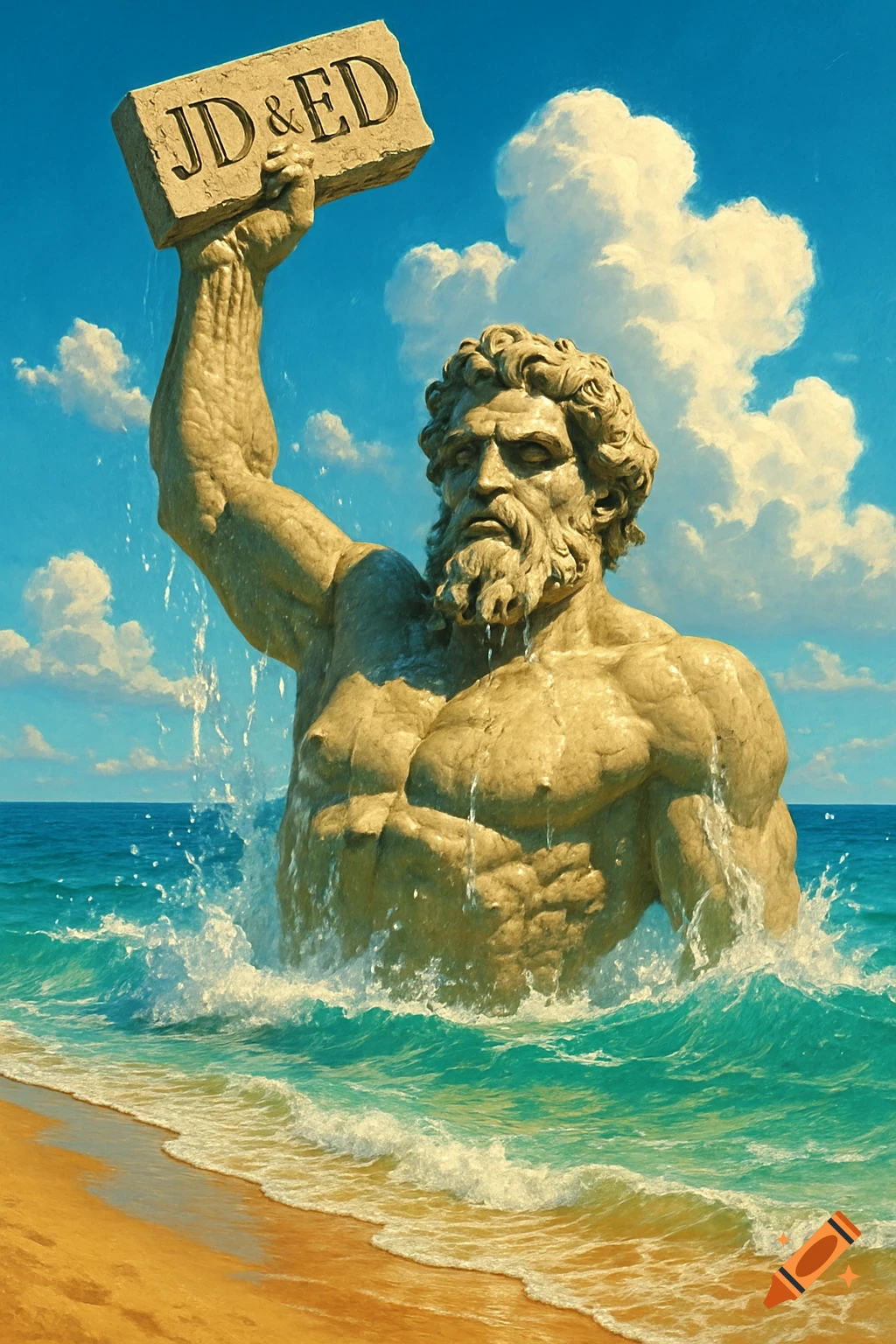 A stone statue of a Greek god rising from the ocean at a sunny beach, holding a stone block inscribed with "JD & ED".