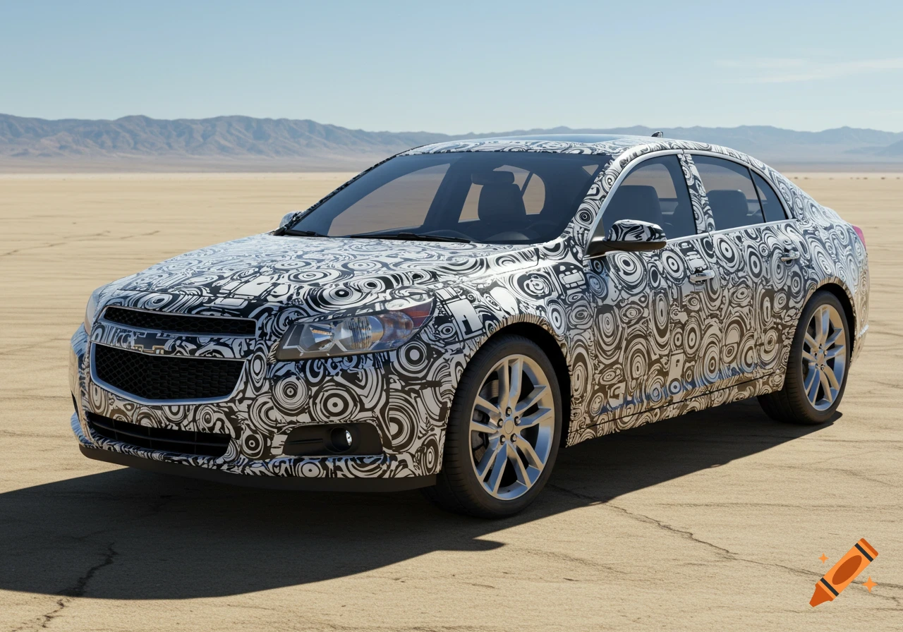 A 2013 Chevrolet Malibu car covered in black and white camouflage patterns, parked on a dirt road in a desert with mountains in the background.