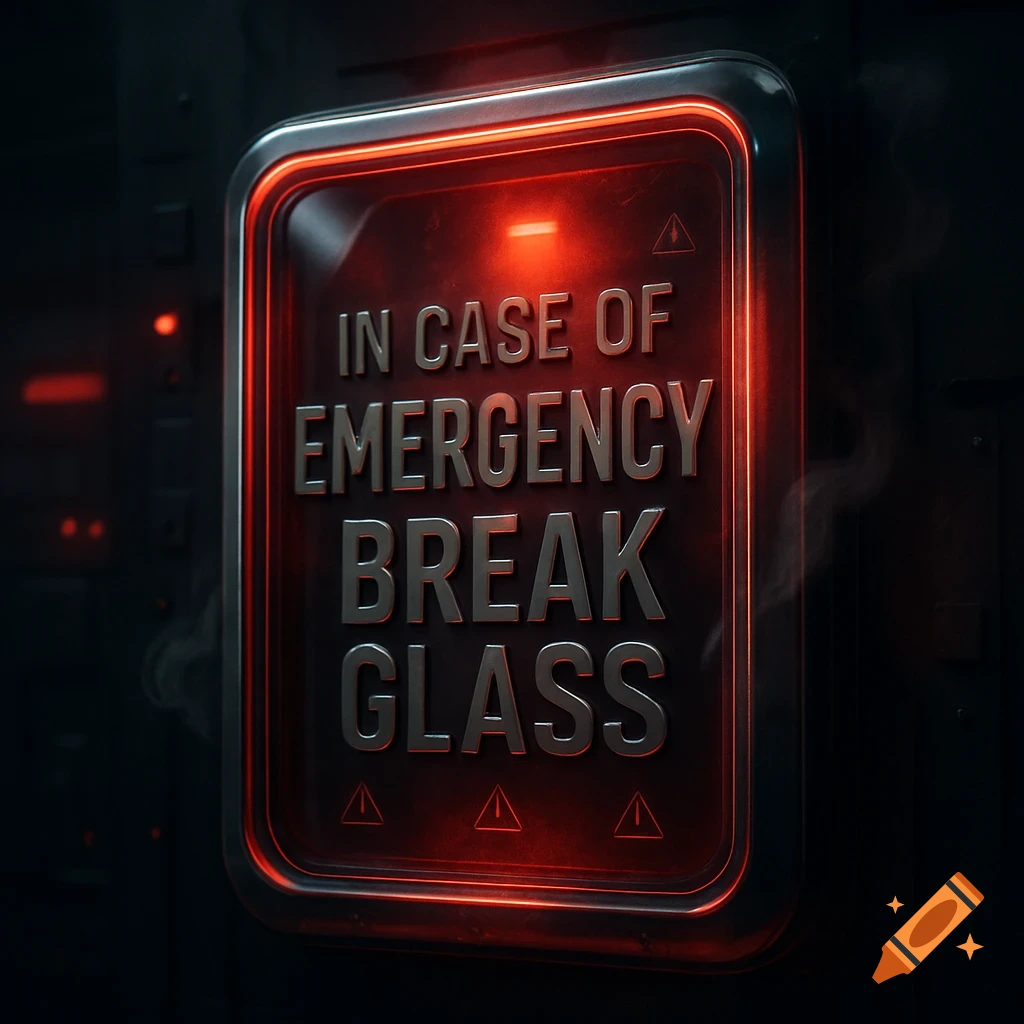 A red, glowing 'In Case of Emergency Break Glass' sign with metallic letters on a dark, industrial background.