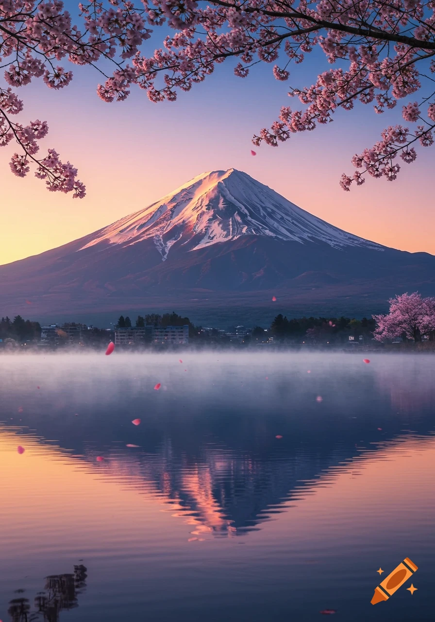 Mount Fuji reflecting in a misty lake with cherry blossoms in the foreground at sunrise.