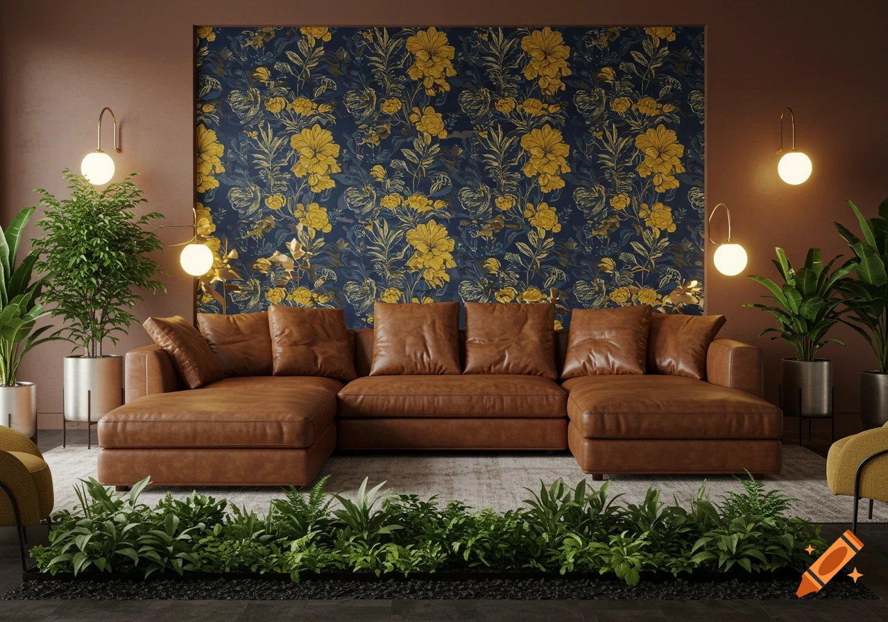 Photorealistic interior of a living room with a brown leather L-shaped sofa against a navy and yellow floral wallpaper wall, surrounded by green plants.