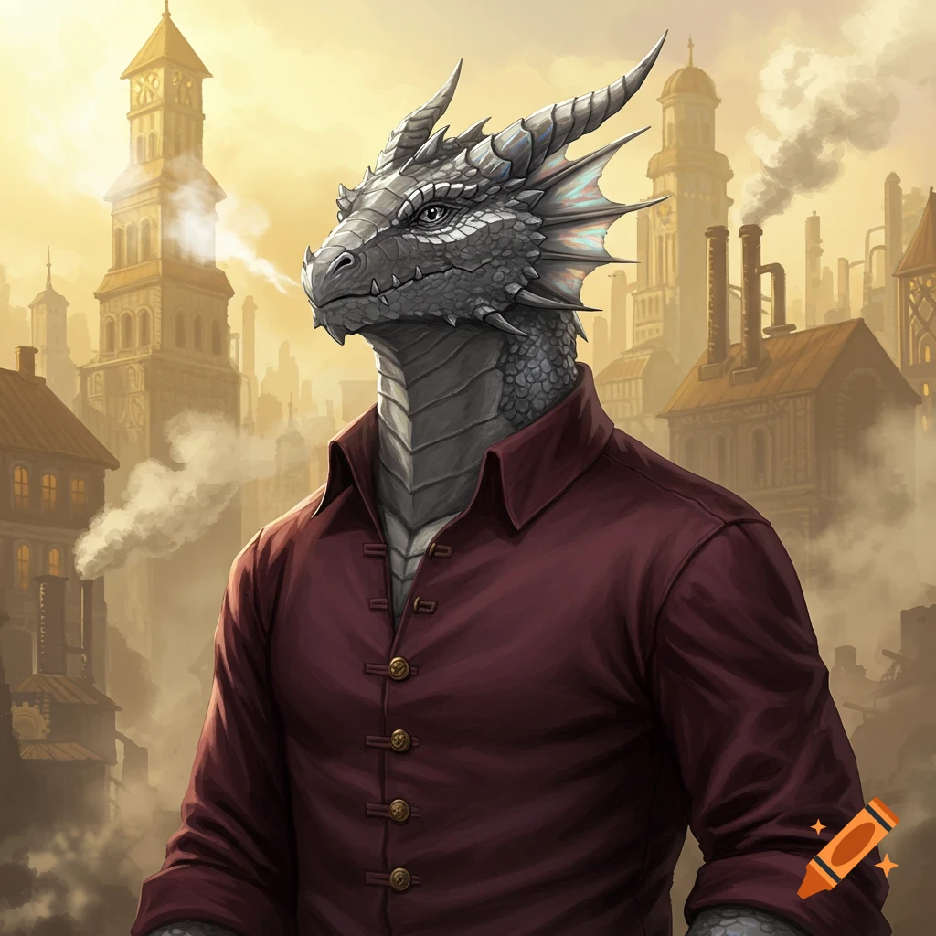 A grey dragonborn in a maroon shirt stands in a steampunk city with tall buildings and smoke.