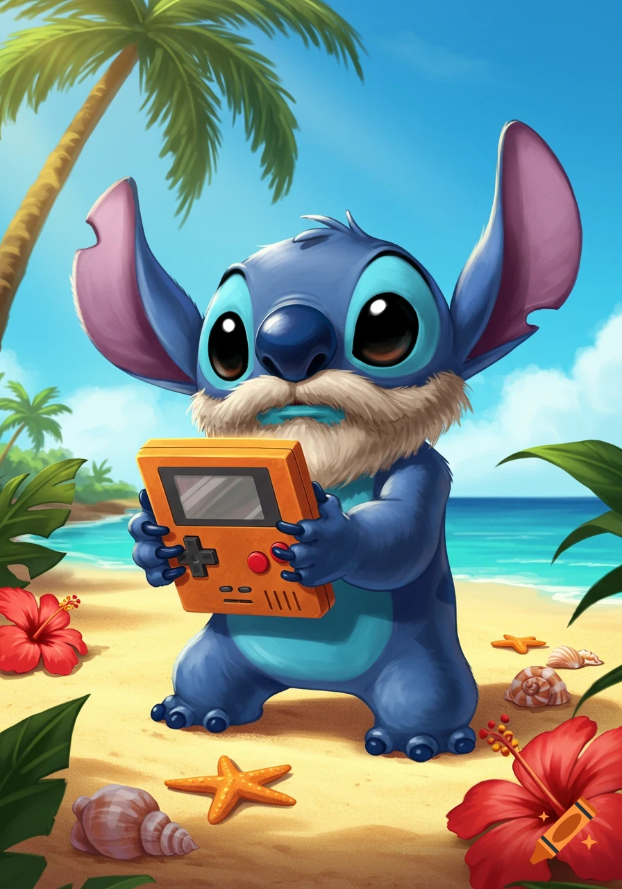 A cartoon illustration of Stitch with a beard holding an orange retro handheld gaming device on a sunny beach with palm trees and flowers.