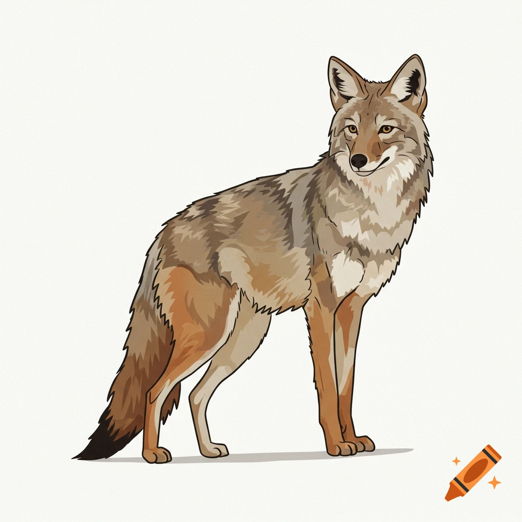 A stylized drawing of a brown and tan coyote standing on a white background.