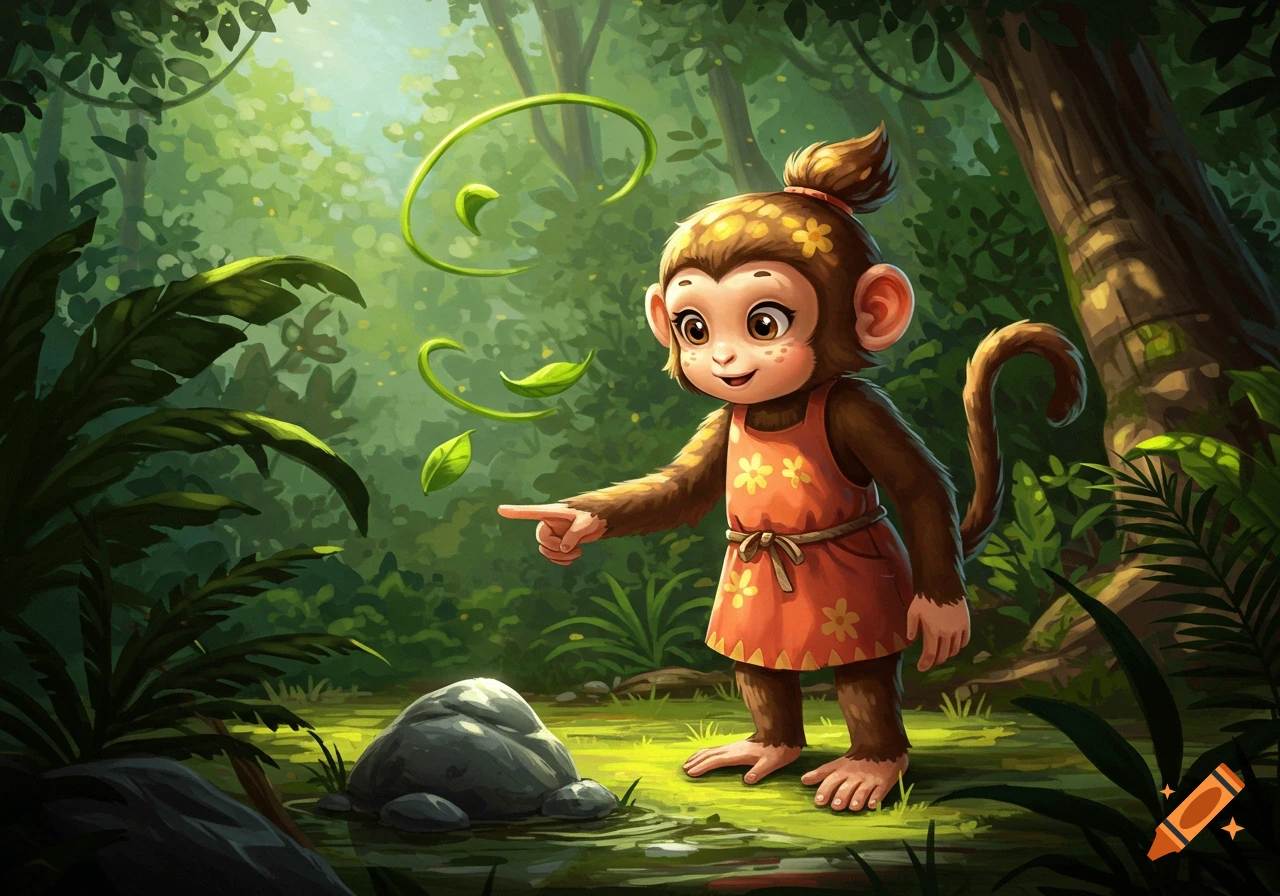 A cute cartoon monkey in an orange dress points at a rock in a lush forest as green leaves swirl around it.