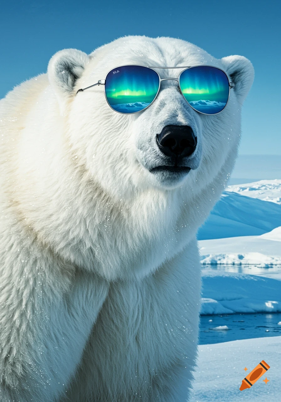 A close-up, ultra-realistic portrait of a polar bear wearing mirrored aviator sunglasses with the Northern Lights reflected in the lenses, standing in a snowy Arctic landscape.