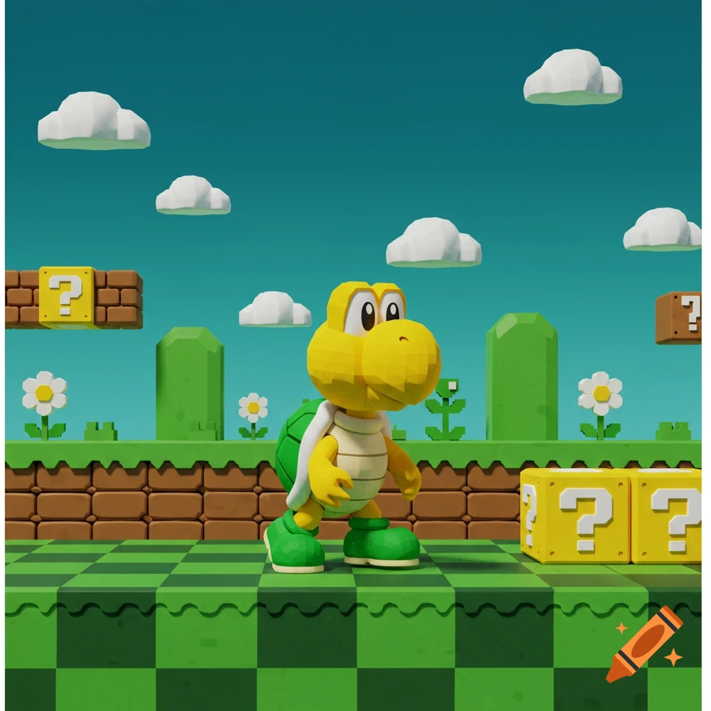 Low-poly Koopa Troopa in a Super Mario Bros. landscape with question mark blocks and clouds.