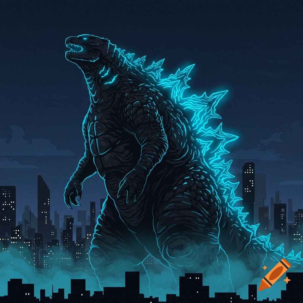 Godzilla with glowing neon blue spikes stands tall in a dark, stylized city at night.