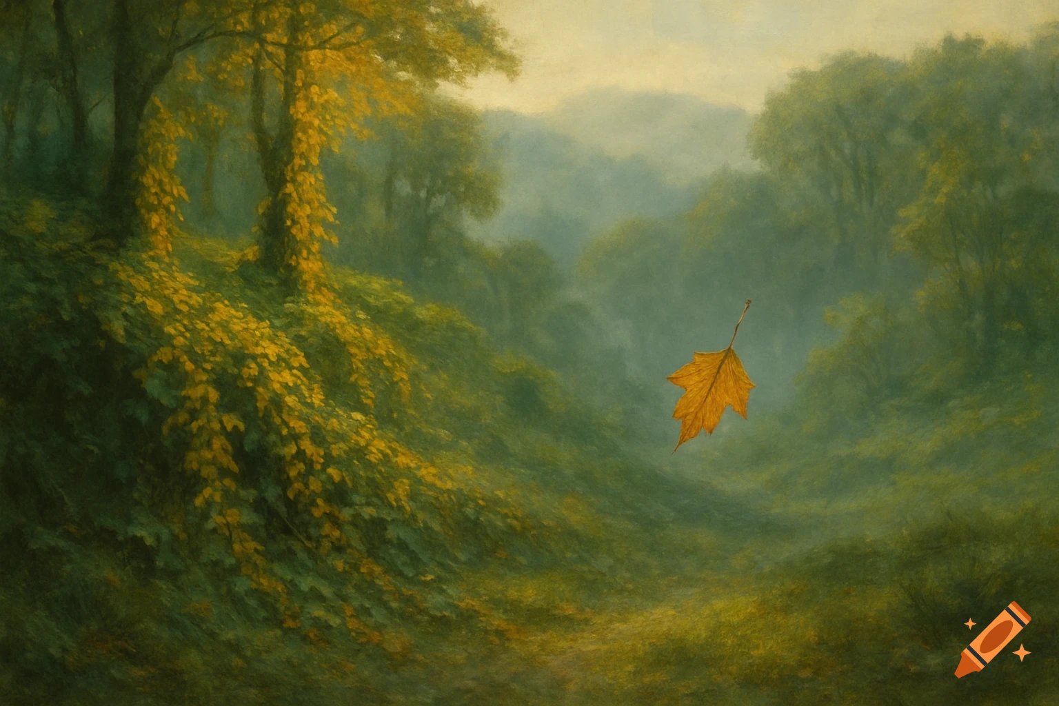 A single golden autumn leaf floats in a hazy, painterly green forest landscape.