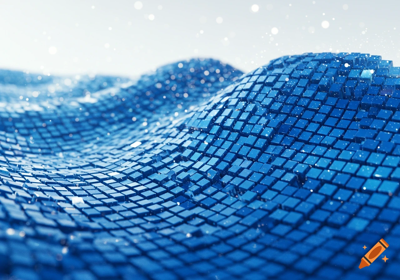 Abstract waves of shimmering blue squares with sparkling particles.