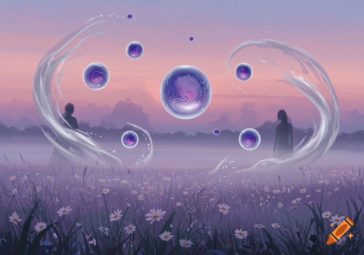 Ethereal landscape with silhouetted figures in a purple field under a twilight sky, surrounded by swirling white forms and glowing purple orbs.