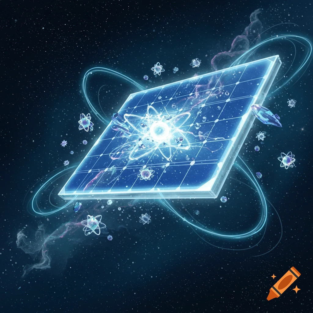 A glowing blue solar cell with bright atomic particles and energy flowing around it, against a dark starry cosmic background.