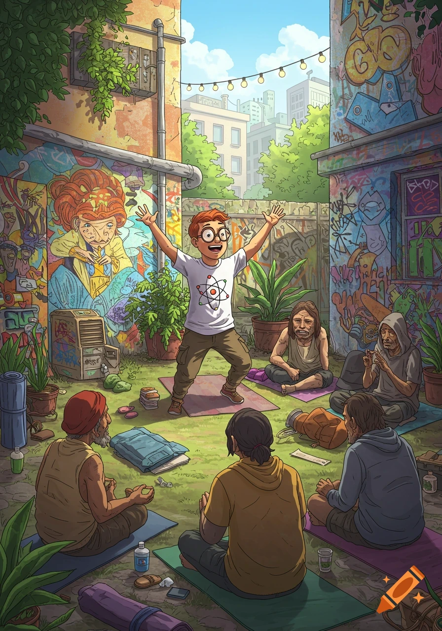Illustration of a young man teaching yoga to a diverse group of people in a vibrant, graffiti-filled urban alley.