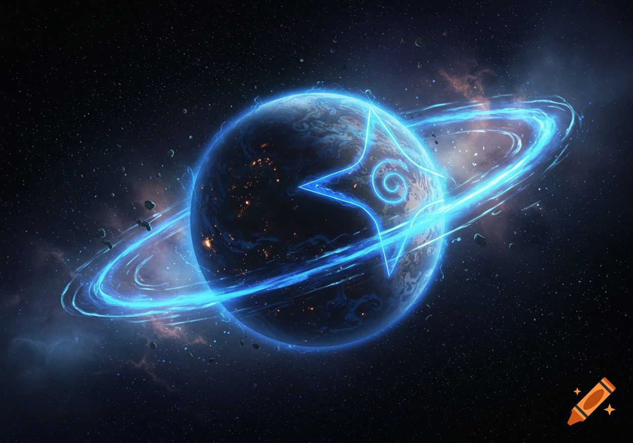 A planet in space with glowing blue rings and a bright blue star symbol on its surface, showing city lights.