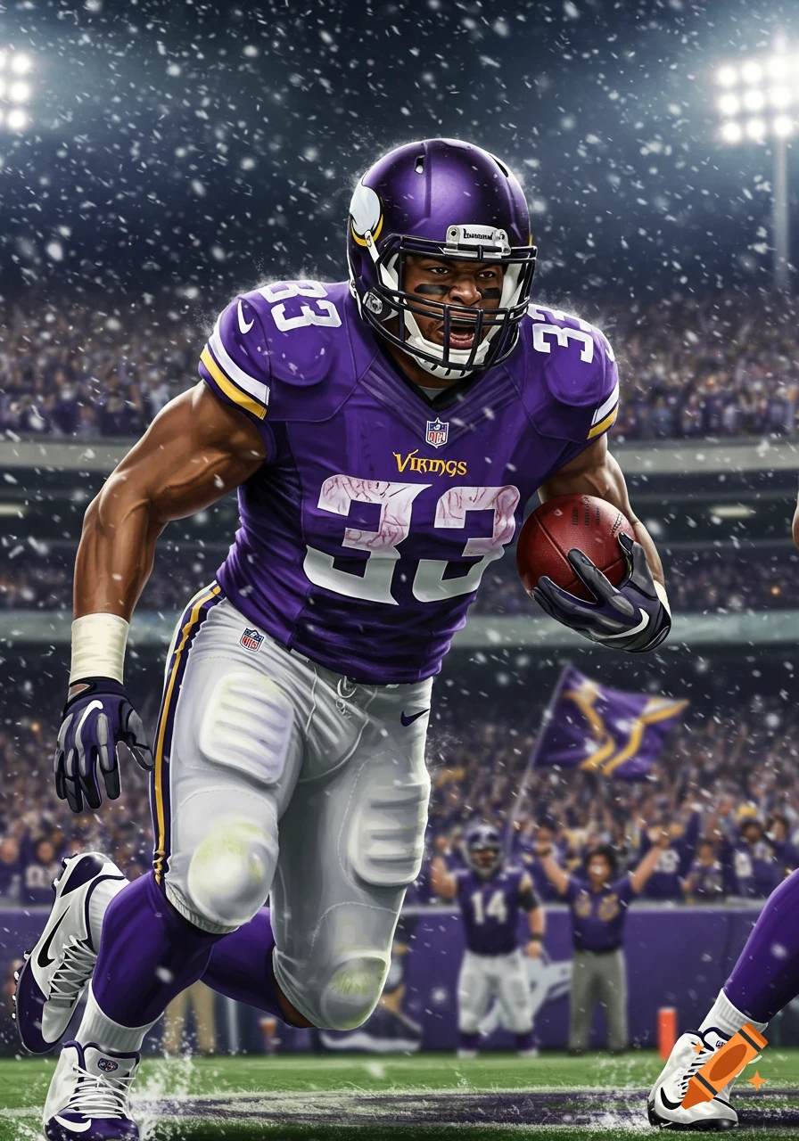 A stylized digital painting of a Minnesota Vikings football player, number 33, running with the ball in the snow during a game.