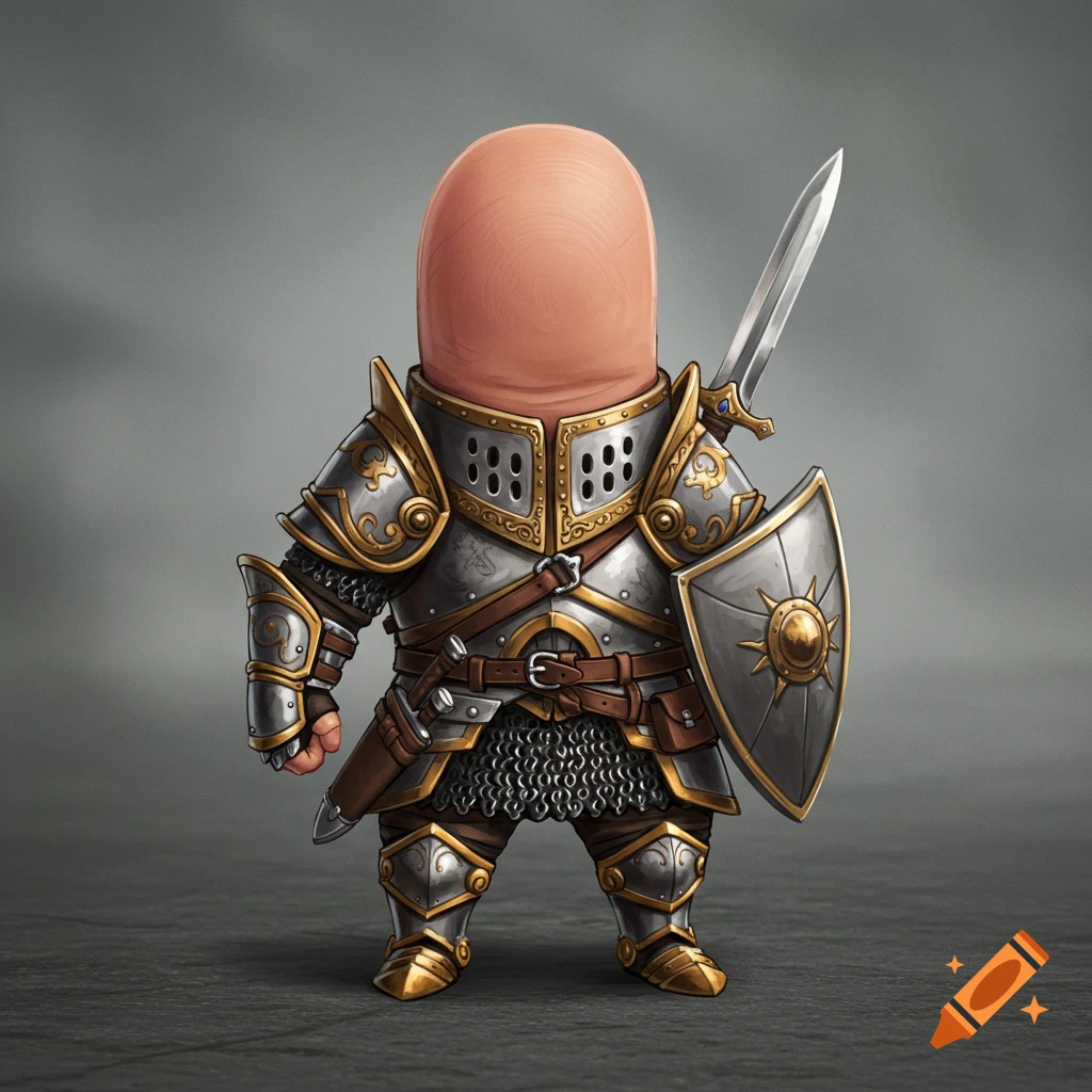 A stylized thumb-like character in ornate silver and gold knight armor, holding a sword and shield.