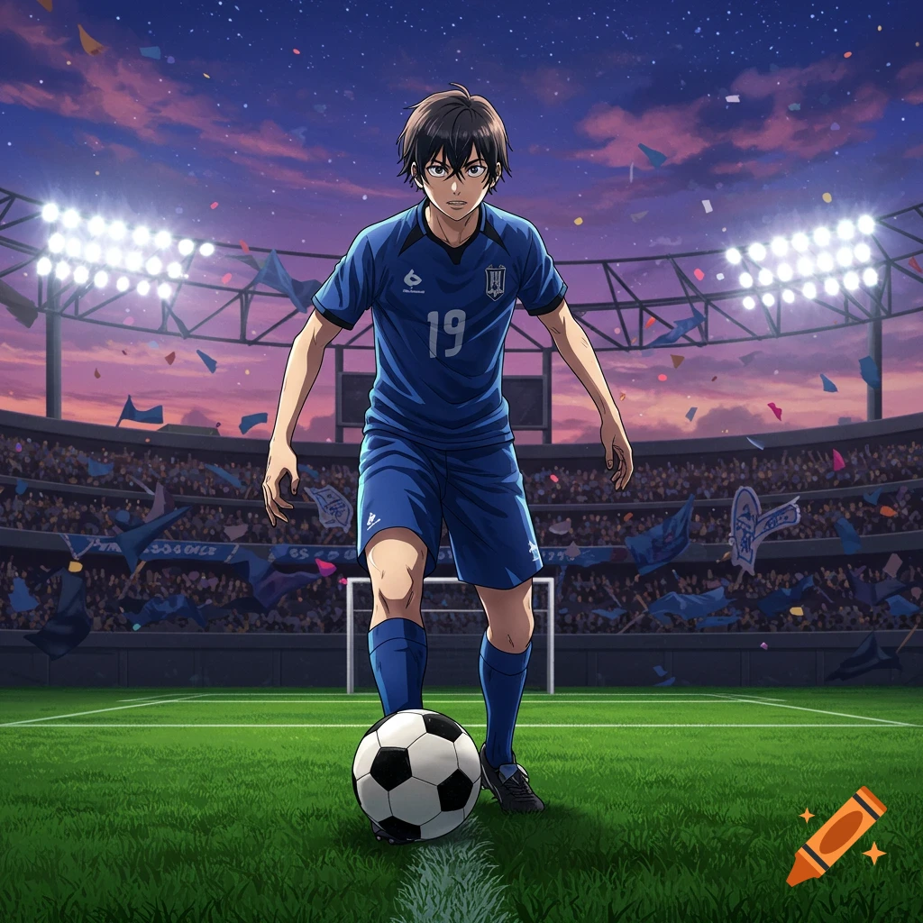 An anime-style male soccer player in a blue jersey with the number 19 stands on a green field in a stadium at sunset, with a soccer ball at his feet.