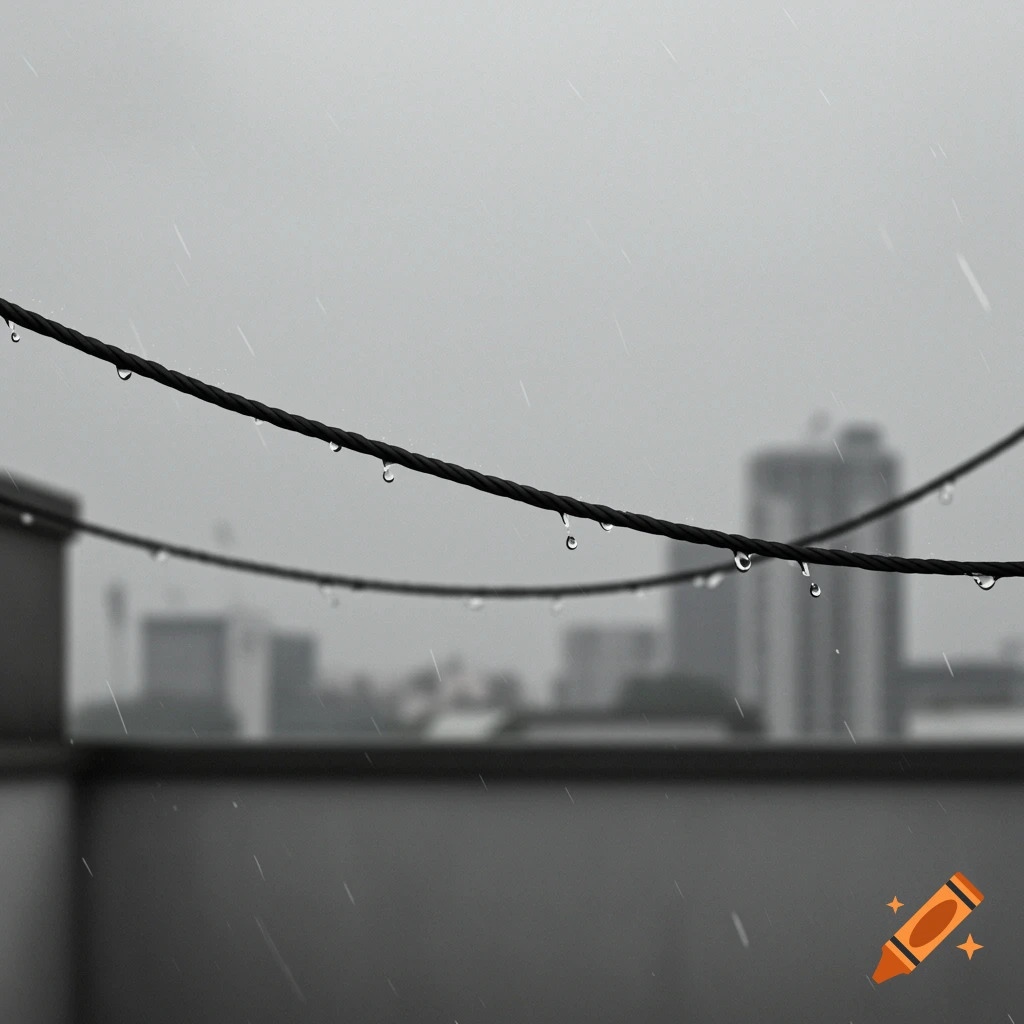 Close-up of a black cable with raindrops, blurring into the background of urban buildings on a rainy, grey day.