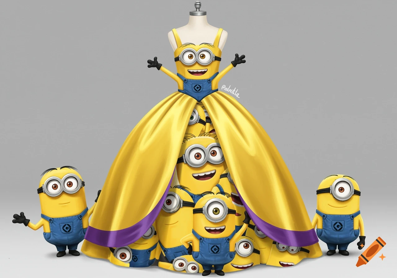 A yellow ball gown wedding dress made from minions, with multiple minions smiling and peeking out from under the skirt and standing around it.
