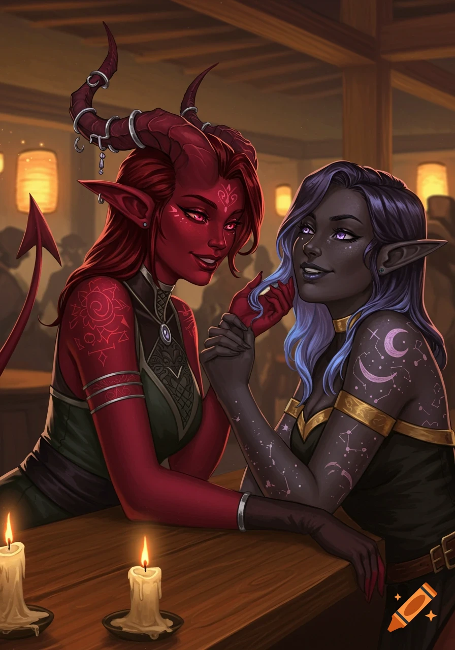 Two female tieflings, one red-skinned and one dark-skinned, flirt across a wooden table in a dimly lit tavern, with candles casting a warm glow.