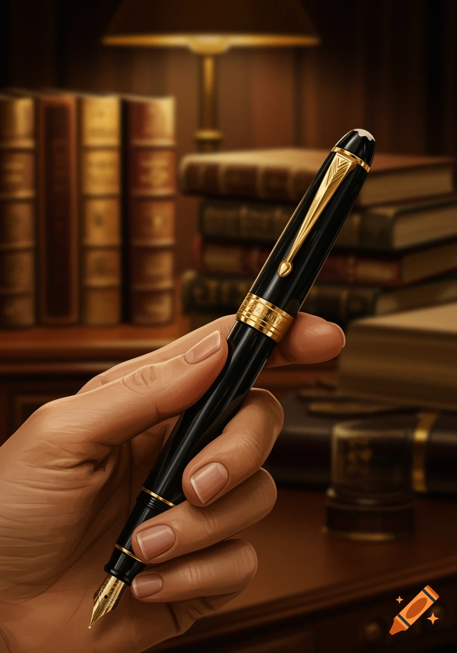 A hand holding a black and gold fountain pen, with a blurred background of books and a lamp in a study.