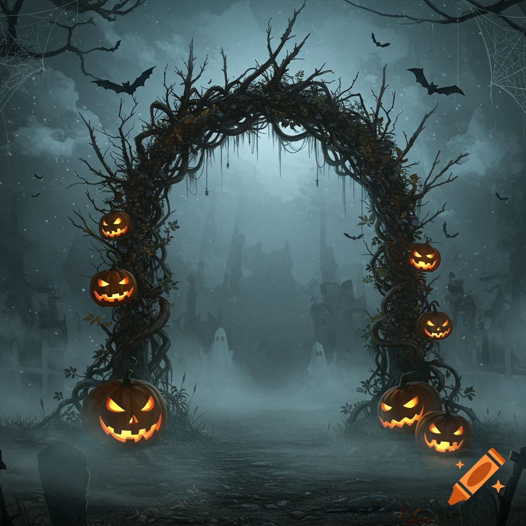 A spooky, gnarled tree archway with glowing jack-o'-lanterns, bats, and misty ghosts in a haunted Halloween night.