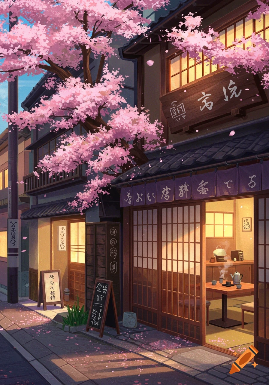 An anime-style illustration of a Japanese cafe street with pink cherry blossoms in full bloom, illuminated by warm evening light.