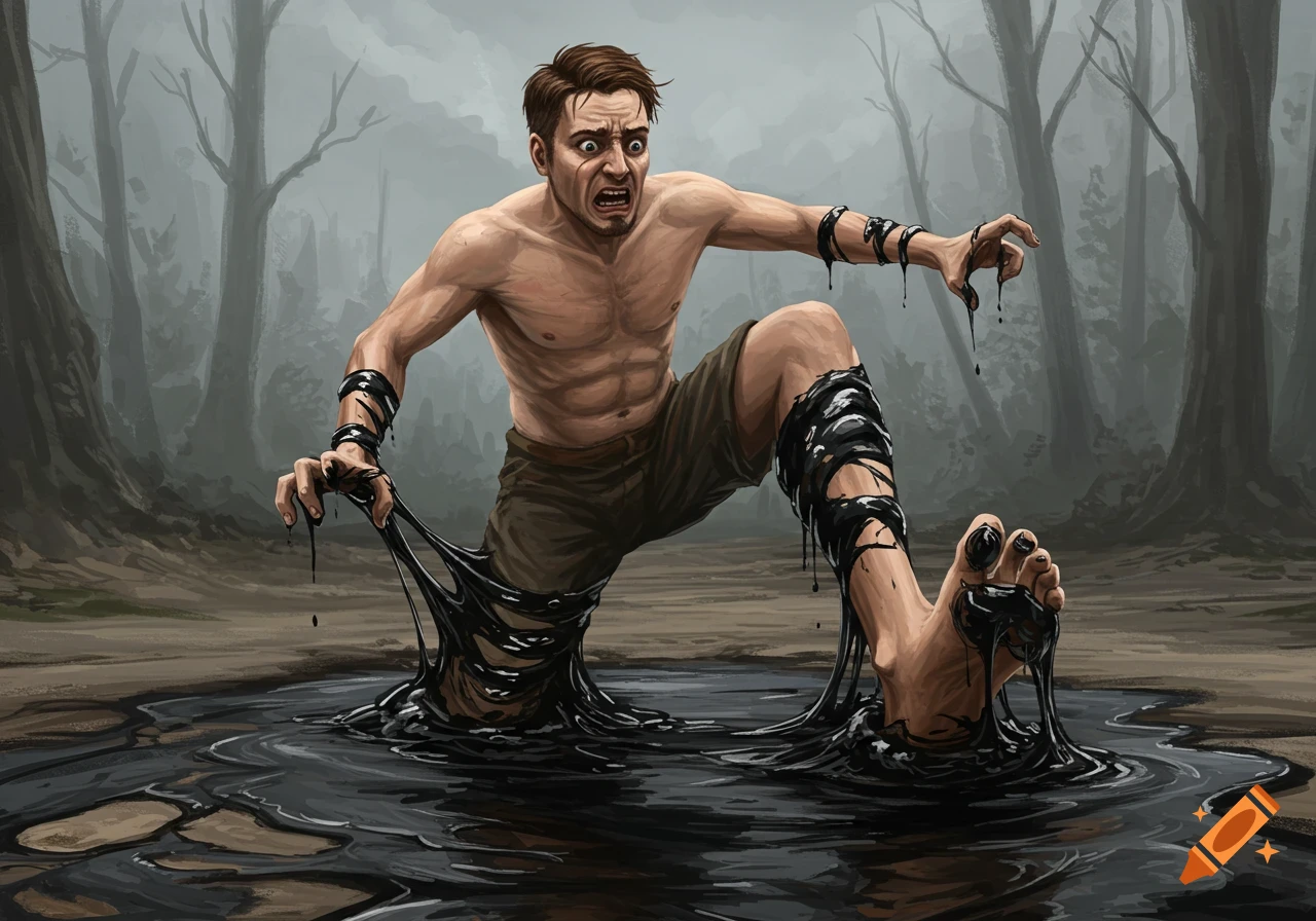 A muscular man with a terrified expression struggles to pull himself from a pool of black, sticky goo in a murky forest.